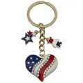 American flag themed heart shaped keychain with decorative stars and sparkling rhinestones - Rhinestone Heart Flag Star (ER1660)