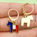 Horse pendant earrings with red, white, and blue tricolor enamel charms on gold hoops - Little Horse Style (ER1678) / Blue/Red/White