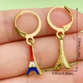 Eiffel Tower dangle earrings with French flag enamel detail on golden leverback hoops. - Tower Style (ER1680) / Blue/Red/White