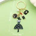 Fashion keychain with black polka-dot dress and red lipstick charms, 3.94 inch length - Black Crown Lipstick Dress Bag Style (ER582)