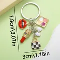 Fashionable alloy keychain with red lipstick and checkered bag charms, 7.8cm size - Black and White Bag Lipstick Blush Palette Style (ER343)