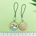 Cute panda enamel and golden metal phone strap charm pair with green cord - Chinese Style Bathing Panda (ER998)