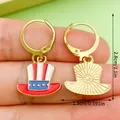 Patriotic USA Flag Uncle Sam Hat Enamel Dangle Earrings in Gold Finish for July 4th - Magic Hat Style (ER1690) / Blue/Red/White
