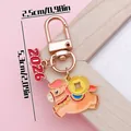 Cartoon zodiac horse keychain with 2026 tag and dimensions shown in inches and cm. - 2026 Year of the Horse Coin Pony (ER2119) / 2.5x5.3mm / Gold