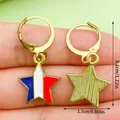 Gold-toned star hoop earrings featuring French flag enamel pendant with dimensions - Pentagram Style (ER1702) / Blue/Red/White