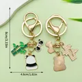 Leuke cartoon panda en bamboe metalen sleutelhanger met emaille voor tas decoratie - Roze Bloem Panda (ER1207)