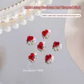 Luxury Bordeaux red heart-shaped nail charms with pearls and rhinestones for DIY manicure - Small Asymmetric Heart Style (G1640) / 1 Piece