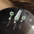 Chinese style jade Pingan buckle nail charms with silver long chains - Green Jade Chain Style / 1 Piece
