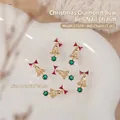 Christmas bell nail art charm with red bow and green rhinestone, golden alloy design - Red Bow Hollow Bell (G1659) / Single Piece
