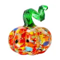 Mini glazen pompoen decoratief beeldje met kleurrijke glasscherven en groene steel - Diameter 50mm / Kleurrijk