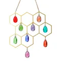 Atrapasol decorativo en forma de panal con cristales de colores y marco de metal dorado - Decoración Colgante de Nido de Abeja / Dorado