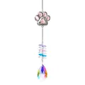 Detail of a crystal suncatcher with a silver dog paw charm and rainbow prism drop. - Double Sided Paw - Leaf/Water Drop Pendant / Total Length 44cm