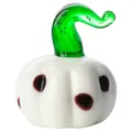 Miniature handcrafted white glass pumpkin ornament with dark spots and green stem - Diameter 50mm / White with Black Dots