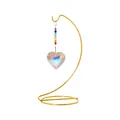 Heart-shaped crystal suncatcher with rainbow beads on a golden iron display stand - Heart-shaped Pendant / Gold