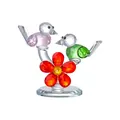 Luxury faceted crystal bird figurine featuring two birds and a red flower on a base - Pair of Birds with Red Flower / 94x50x78mm