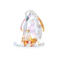 Handcrafted iridescent aurora crystal penguin figurine with chick on glass base - Amber Penguins