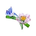 Exquisite crystal figurine of a blue hummingbird on a green branch with a pink flower - Hummingbird Flower - Pink