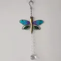Detailed view of dragonfly crystal pendant with blue wings and green leaf accents - Large Multicolor Dragonfly / 6 Beads - 30mm Clear Ball