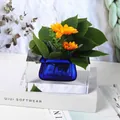 Nahaufnahme einer blauen Glasvase in einem klaren Kristallsockel mit schönen Blumen. - Horizontales Blau / 15x8x8cm