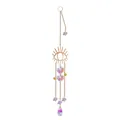 Detail view of evil eye crystal suncatcher with purple stones and iridescent prism pendant. - Eye Style