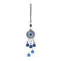 Detailed close-up view of a Turkish Evil Eye hanging wind chime with blue bells and crystals - Round Shape Style