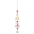 Detailed macro view of a gold snowflake crystal suncatcher with red and AB beads. - Snowflake Mandala / Red