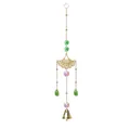 Detailed view of a golden suncatcher with green crystals and a bell at the bottom - Fan Shaped Bell Style / Grass Green