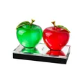 Elegant pair of red and green crystal apple ornaments on a black mirrored display base - Apple Ornament (Red Green)