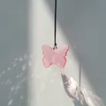 Pink crystal butterfly suncatcher pendant with rainbow light reflections for garden - Brown Rope / Pink