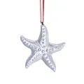 Shimmering silver starfish glass pendant ornament hanging with a vibrant red string. - Starfish Hanging (Silver Blue Dots) / 68.9mm