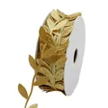 Golden leaf-shaped ultrasonic embossed ribbon trim for decor on white spool roll - 2.5CM X 50M / Khaki
