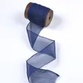 Navy blue crinkle chiffon ribbon with hand-frayed edges for elegant wedding invitations - Without Wooden Spool / Deep Navy Blue (7444)