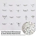 01# Nagelhulpmiddelenpakket met zilveren strass-steentjes en stalen kralen mix - 50 Platte Strass-steentjes + Gemengde Accessoires / Platte Bodem Boor Materiaal Pakket (01#)