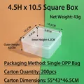 Primer plano de caja de almacenamiento de PP transparente con dimensiones y peso neto. - 10.5x10.5x4.5cm