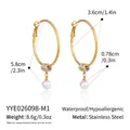 Detailed view of gold stainless steel hoop earrings with pearl pendant and dimensions - Gold Style (YYE026098-M1)