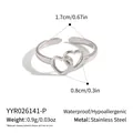Detail view of a double heart stainless steel open ring with precise size and weight specs - Minimalist Double Heart Hollow (YYR026141-P) / Silver (YYR026141-P)