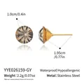 Detailed view of round crystal stud earrings with stainless steel posts and dimensions - Smoky Grey (Gold Base)