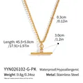Detailed view of a gold T-bar pendant necklace with zircon and product dimensions. - Gold with Pink Stone (With Necklace)