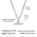 Detailed view of a stainless steel T-bar necklace with pink zircon and dimensions - Silver with Pink Stone (With Necklace)