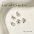 3D silver metal rose nail charms for manicure decoration, 2pcs set, 6x9.5mm size - Rose Style (02#) / 2 Pieces/Pack (6*9.5mm) / Silver