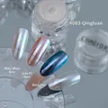 Aurora nail powder #003 with cyan mirror effect shown on different base colors. - 03# Qingluan