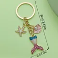 Gold marine themed keychain with starfish, pearl shell and mermaid tail, 8cm height - Marine Element Triple Charm Style (LS167) / 8.5g Pack / Gold