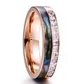 6mm rose gold stainless steel ring inlaid with natural abalone shell and cubic zirconia - Size 5 / Rose Gold