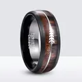 Detail of 8mm tungsten carbide ring featuring walnut wood inlay and silver arrow engraving - Size 7 / Electroplated Black
