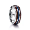 Detail of 8mm tungsten carbide ring with acacia wood and blue meteorite inlay pattern - Size 7