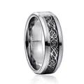 Close-up detail of the dragon pattern and black carbon fiber inlay on tungsten ring - Size 6 / Black + Steel Color