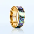 Close-up detail of 8mm gold plated tungsten carbide ring with abalone shell inlay - US Size 7 / Gold Plated