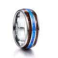 Detailed view of the 8mm wide tungsten steel ring with acacia wood and blue opal inlays - Size 6 / As Shown
