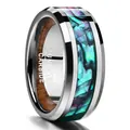 Macro view of iridescent abalone shell inlay on silver-tone tungsten ring band - Size 6 / Steel