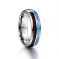 Detailed close-up of a 6mm tungsten carbide ring with blue opal and acacia wood inlay - Size 6 / Polished Dome (T147R)
